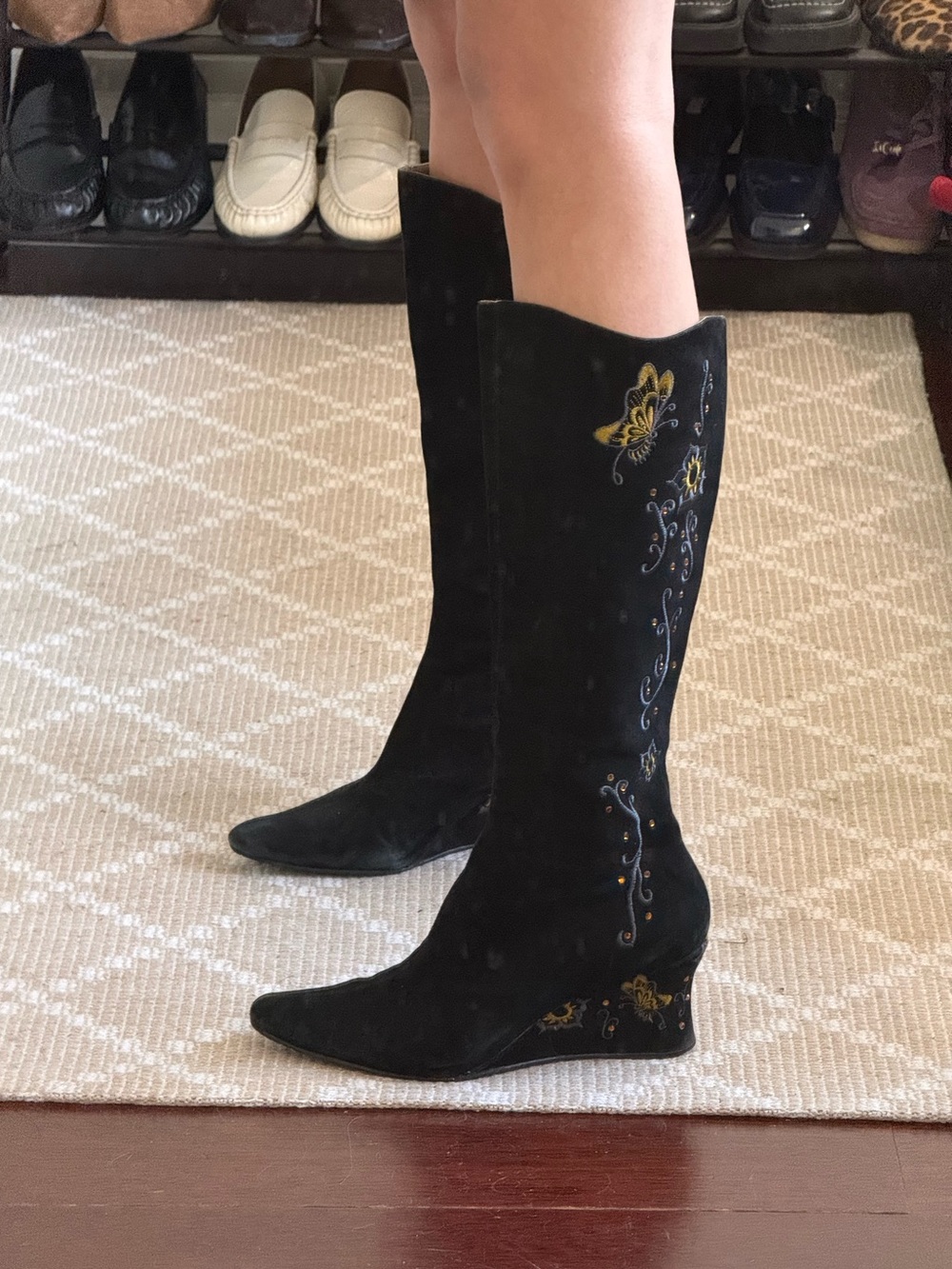 Donald Pliner Black Suede Embroidered Pointed-Toe Knee High Wedge Boots